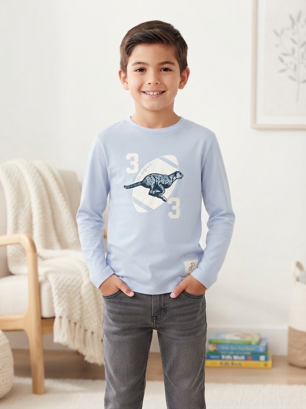 Boys Light Blue Long-Sleeve Graphic Tee with Cheetah Print